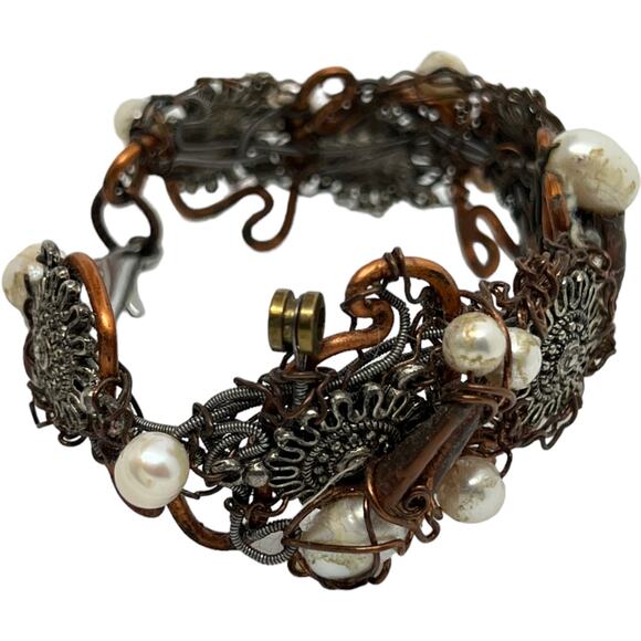 Artisan Handcrafted Gunmetal Filigree Pearl Wire Wrapped Victorian Gothic - Picture 9 of 10